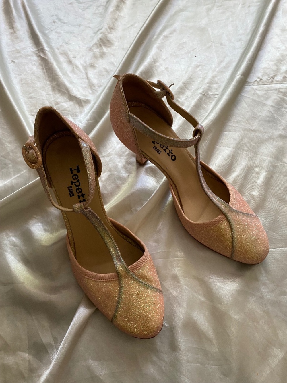 Repetto Paris Baya T Strap Pink Shimmer Glitter Heels Size 37 / 7